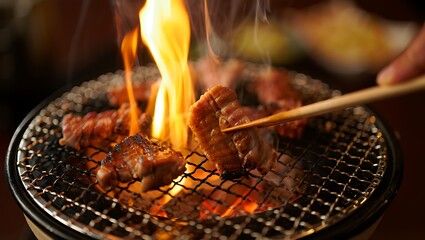 Close-up of delicious grilled meat sizzling and cooking on a barbecue grill with flames licking the food