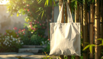 A reusable canvas shopping bag hangs on a bamboo pole in a lush, green garden, symbolizing eco-friendly living and sustainability