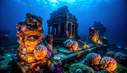 Obraz premium Ethereal view of a lost underwater city, with ancient temple ruins illuminated by glowing coral reefs