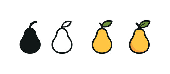 Vector icon pear fruit same pose same proportions four styles black solid glyph outline minimal flat multicolor filled cartoon flat shaded.