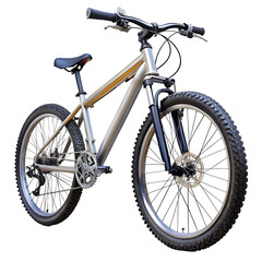 Modern mountain bicycle with knobby tires and suspension fork, isolated on transparent background