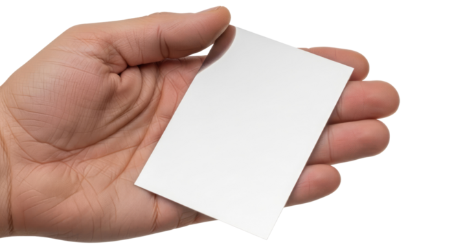 a hand offering blank white card your message, your story, your brand, isolated on transparent background