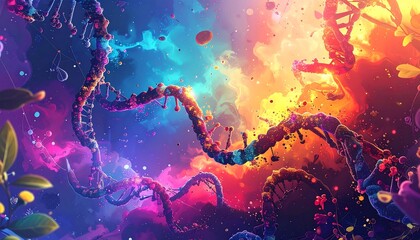 Colorful DNA in a vibrant cosmic nebula
