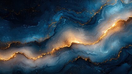 Abstract Blue Gold Fluid Marble Texture Luxurious Elegant Design Background Wallpaper Magazine Cover Artwork Poster Packaging Print
