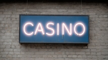 Fototapeta premium Glowing neon casino sign on brick wall. Blue illuminated signboard for gambling establishment. Nightlife and entertainment concept. Retro style urban decoration.