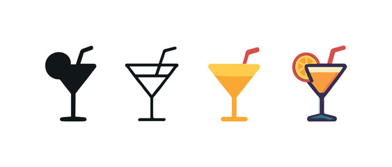 Vector icon cocktail glass straw same pose same proportions four styles black solid glyph outline minimal flat multicolor filled cartoon flat shaded.