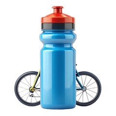 A blue cycling water bottle with a red cap, placed in front of a bicycle, isolated on a transparent background