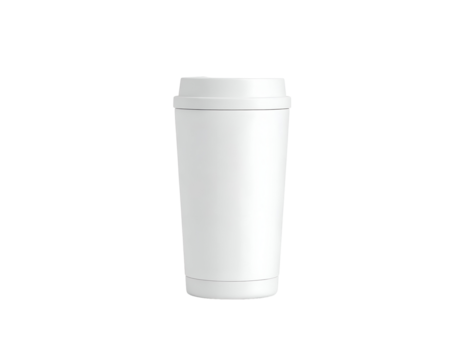 White Travel Mug Isolated on Black Background. Blank Reusable Coffee Cup Tumbler for Hot and Cold Beverages.