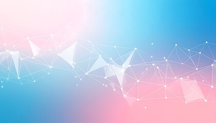 Abstract digital design with a gradient of light blue and pink hues. White connected lines and points create a network. Ideal for tech, data, or connection concepts