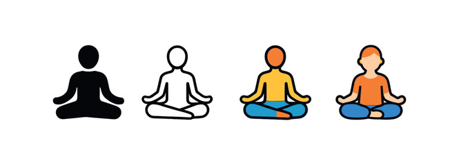 Vector icon yoga meditation pose same pose same proportions four styles black solid glyph outline minimal flat multicolor filled cartoon flat shaded.