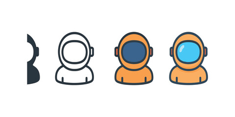 Fototapeta premium Vector icon astronaut helmet same pose same proportions four styles black solid glyph outline minimal flat multicolor filled cartoon flat shaded.