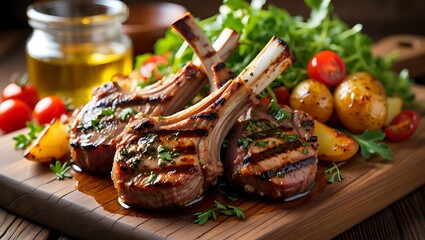 Delicious grilled lamb chops with fresh salad and cherry tomatoes served on a wooden board a culinary delight