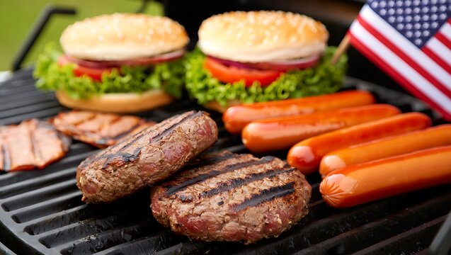 Delicious grilled burgers and hot dogs with fresh toppings and american flag for a classic bbq celebration - Powered by Adobe