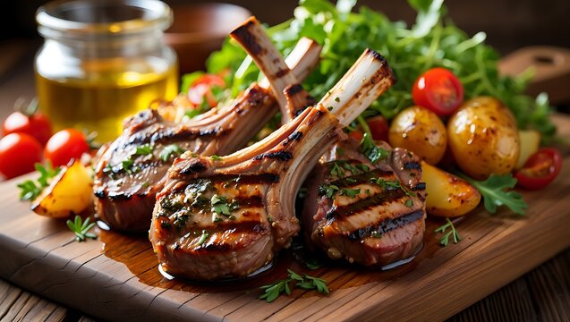 Delicious grilled lamb chops with fresh salad and cherry tomatoes served on a wooden board a culinary delight