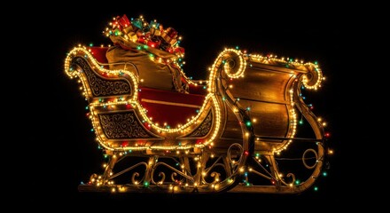 Enchanting christmas eve illuminated santa sleigh with gift sack on black background