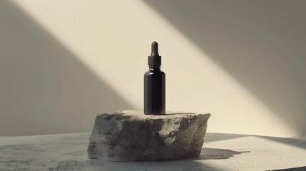 A sleek black dropper bottle stands elegantly on textured stone pedestals, illuminated by soft sunlight, symbolizing modern minimalism, luxury skincare, and the refined balance between simplicity, sop