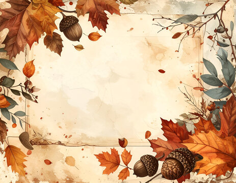 Fall template with watercolor leaves frame in warm color shades