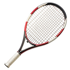 A sports tennis racket featuring red and black accents, isolated on a transparent background, ideal for active lifestyle and training