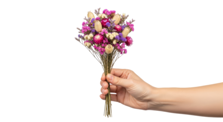 a hand offering dried flower bouquet a timeless gift of dried blooms, isolated on transparent background