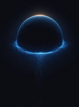 Dark sphere, lit from within, with glowing blue halo