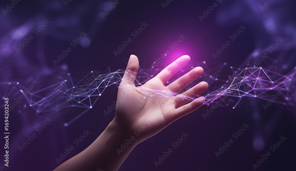 Poster hand reaching for futuristic technology: a human hand extends towards a glowing, interconnected netw