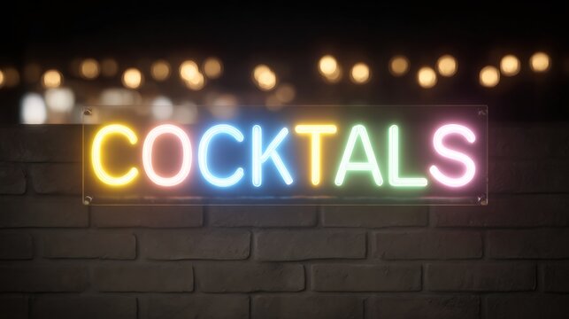 Colorful neon cocktails sign on brick wall with string lights. Glowing bar advertisement. Nightlife and drinks concept. Retro style illuminated lettering for nightclub or restaurant