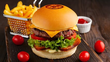 Delicious gourmet burger with crispy fries and fresh tomatoes on a rustic wooden surface in a restaurant setting
