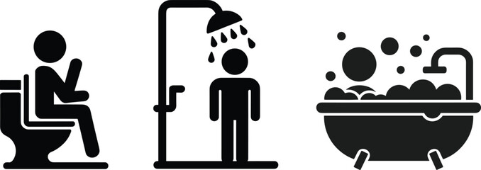  Bathroom activity vector illustration showing person sitting on toilet, taking shower, relaxing in bathtub, hygiene routine, daily lifestyle, personal care, modern icons