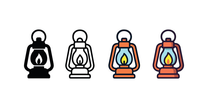 Vector icon camping lantern same pose same proportions four styles black solid glyph outline minimal flat multicolor filled cartoon flat shaded.