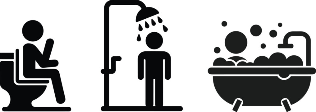  Bathroom activity vector illustration showing person sitting on toilet, taking shower, relaxing in bathtub, hygiene routine, daily lifestyle, personal care, modern icons