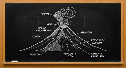 Educational chalkboard drawing showing volcanic eruption with labeled parts and flows for students