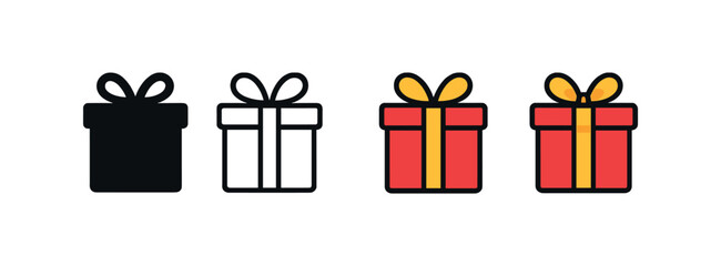 Vector icon Christmas gift box same pose same proportions four styles black solid glyph outline minimal flat multicolor filled cartoon flat shaded.