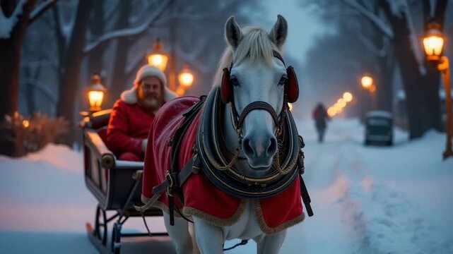 A horse pulls a sleigh down a snowy street on a winter day