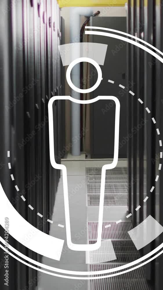 Poster person icon animation over server racks in data center