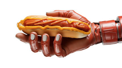 A robotic hand holding a hotdog with mustard against a black background in a studio setting