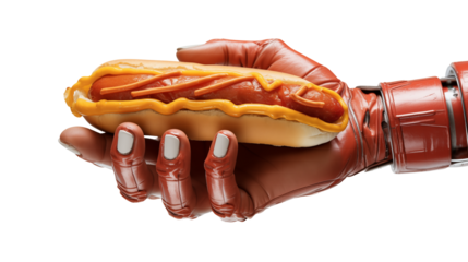 A robotic hand holding a hotdog with mustard against a black background in a studio setting