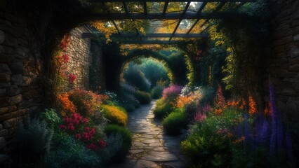 Stone pathway through garden tunnel
