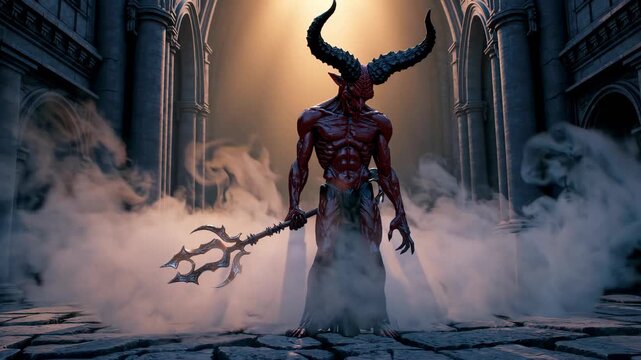 AI-Generated menacing, horned demon with a large trident stands in a mist-filled room