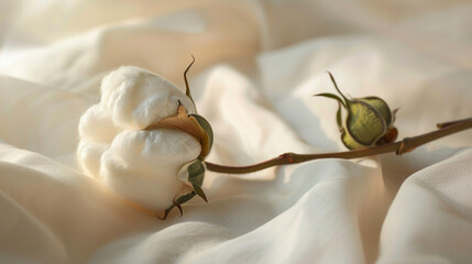 Soft cotton branch resting on smooth fabric with warm natural sunlight, symbolizing purity, comfort, and nature’s elegance, creating a cozy, minimal, and calming atmosphere perfect for organic lifesty