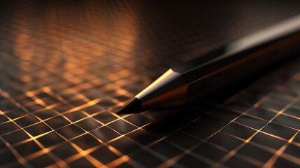 A sharp black pencil rests on a blueprint grid background, symbolizing creativity, precision, and design, representing the foundation of ideas, architecture, and artistic expression through simplicity