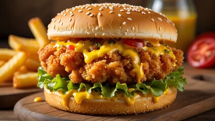 Delicious crispy fried chicken burger with melted cheese and french fries awaiting enjoyment