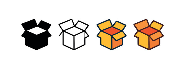 Vector icon delivery box open same pose same proportions four styles black solid glyph outline minimal flat multicolor filled cartoon flat shaded.