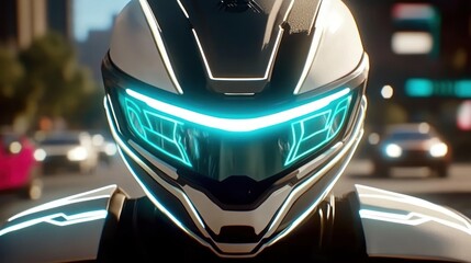 Futuristic motorcyclist portrait with luminous helmet on city street evoking high tech aesthetics