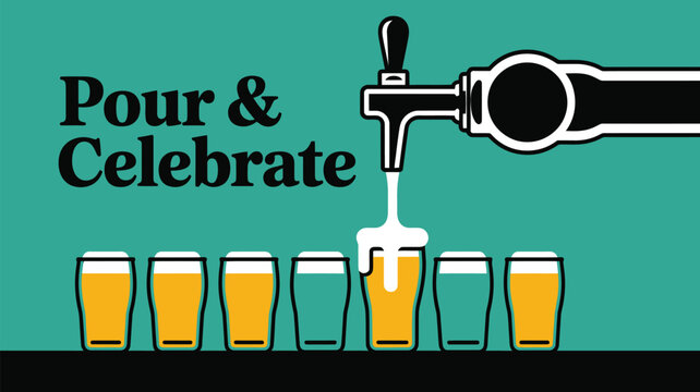 A beer tap pouring beer into a glass alongside other glasses on a teal background with text above it