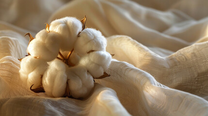 Soft cotton branch resting on smooth fabric with warm natural sunlight, symbolizing purity, comfort, and nature’s elegance, creating a cozy, minimal, and calming atmosphere perfect for organic lifesty