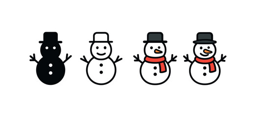 Vector icon snowman same pose same proportions four styles black solid glyph outline minimal flat multicolor filled cartoon flat shaded.