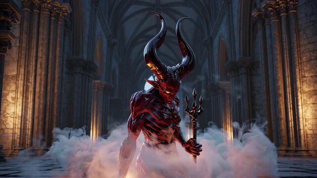 terrifying, red, horned demon with glowing eyes holds a trident in a misty, gothic cathedral.