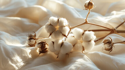 Soft cotton branch resting on smooth fabric with warm natural sunlight, symbolizing purity, comfort, and nature’s elegance, creating a cozy, minimal, and calming atmosphere perfect for organic lifesty