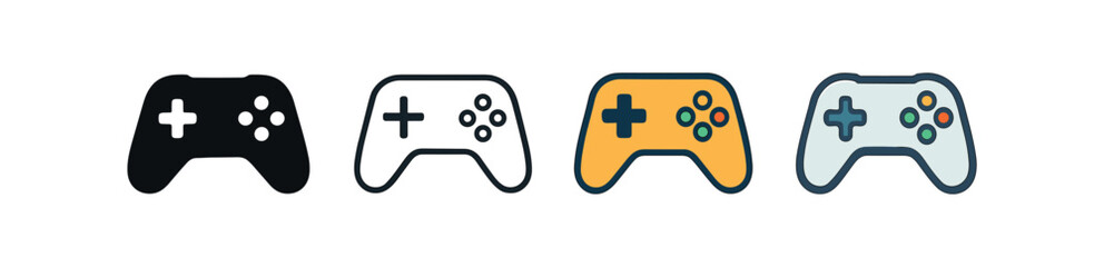Vector icon gaming controller same pose same proportions four styles black solid glyph outline minimal flat multicolor filled cartoon flat shaded.