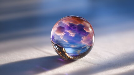 A translucent crystal globe with white clouds reflects on a polished blue surface